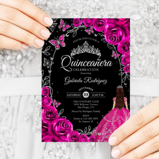 Convites Quinceanera Fuchsia Pink Silver Black (Criador carregado)