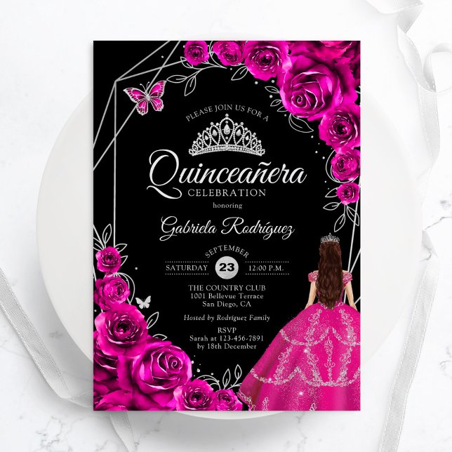 Convites Quinceanera Fuchsia Pink Silver Dress Floral (Criador carregado)