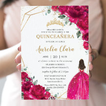Quinceañera Fuchsia Rosa Princesa Floral Dourada