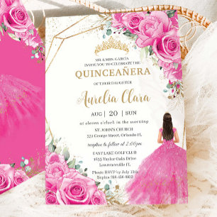 Convites Quinceañera Fuchsia Rosa Princesa Floral Dourada