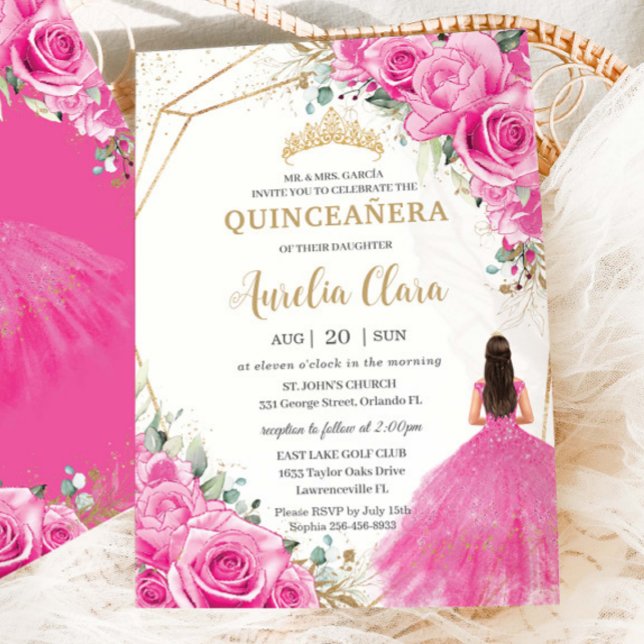 Convites Quinceañera Fuchsia Rosa Princesa Floral Dourada (Criador carregado)