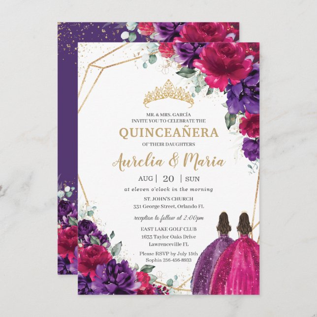 Convites Quinceañera Fuchsia Rosas Florais Roxos Escuros Gê (Frente/Verso)