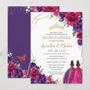 Convites Quinceañera Fuchsia Rosas Florais Roxos Escuros Gê
