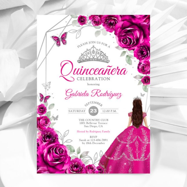 Convites Quinceanera Fuchsia Vestido Rosa (Criador carregado)