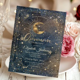 Convites Quinceanera Galáxia Escura Moldura Lua Estrelas Ce