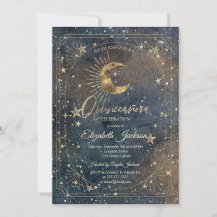 Convites Quinceanera Galáxia Escura Moldura Lua Estrelas Ce