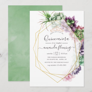 Convites Quinceañera Geométrica de Suculentas em Aquarela