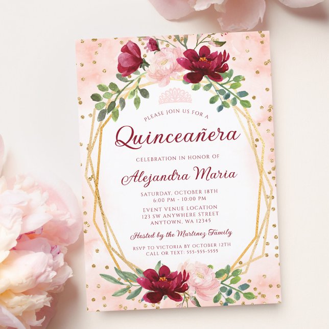 Convites Quinceanera Geométrica Dourada Floral Blush Burgun (Criador carregado)