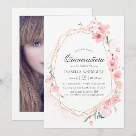 Convites Quinceañera Geométrica Flor de Cerejeira Rosa Prim