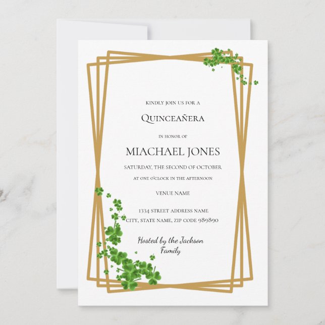 Convites Quinceanera Geométrica Floral Dourada Blush (Frente)