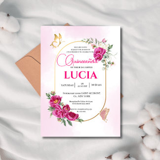 Convites Quinceañera Geométrico Rosa Fuchsia Floral Dourada