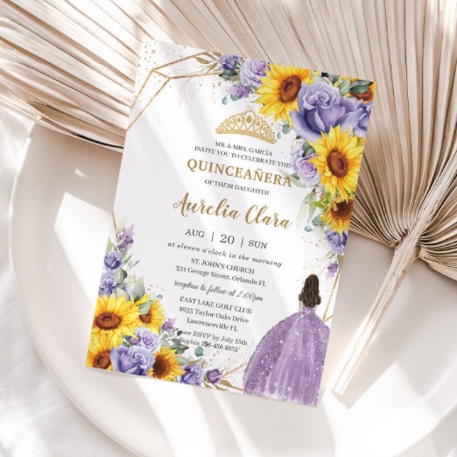 Convites Quinceanera Girassol Lavanda Roxa Floral Dourada (Criador carregado)