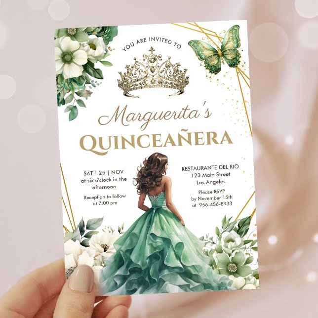Convites Quinceañera Girl Green Tiara Floral Borboleta Dour (Criador carregado)