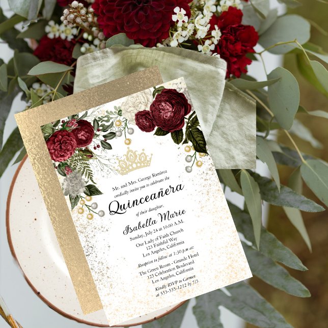 Convites Quinceañera Glam Burgundy Rosa Floral Birthday (Criador carregado)