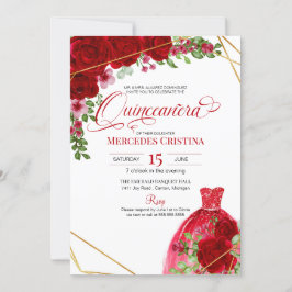 Convites Quinceañera Glamorosa de rosas vermelhas e Vestido