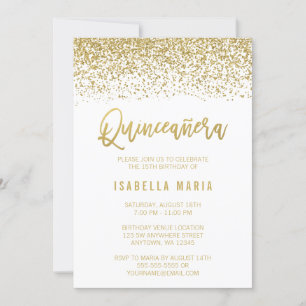 Convites Quinceanera Glitter Dourada de Falência Branca Mod