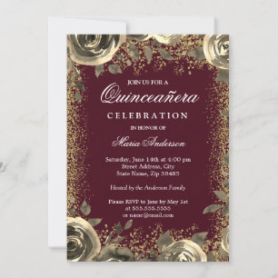 Convites Quinceanera, Glitter Glitter Dourado e Burgundy