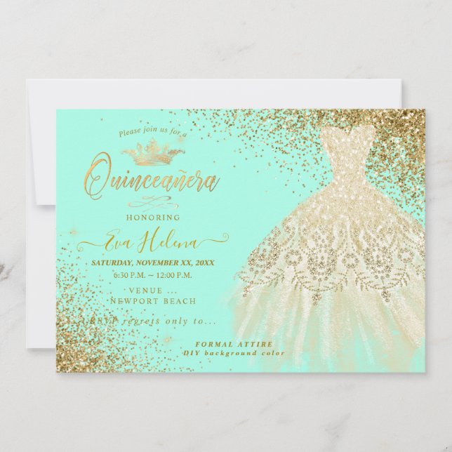 Convites Quinceañera, Glitters Gown, Faux Dourada+Mint (Frente)