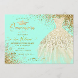 Convites Quinceañera, Glitters Gown, Faux Dourada+Mint