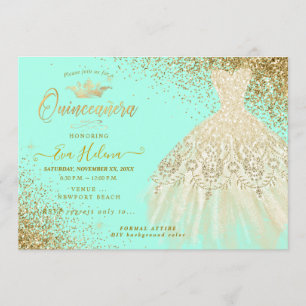 Convites Quinceañera, Glitters Gown, Faux Dourada+Mint