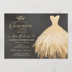 Convites Quinceañera, Glitters Gown, Faux Dourado