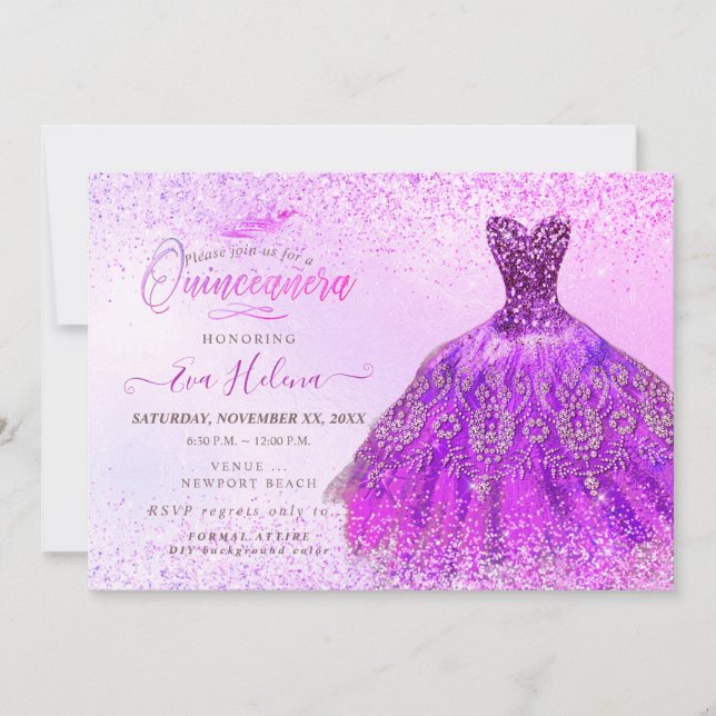 Convites Quinceañera, Glitters Magenta Vestidos (Frente)