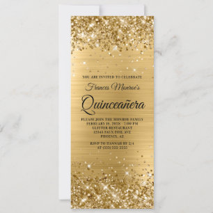 Convites Quinceañera Glittery em Folha de Ouro