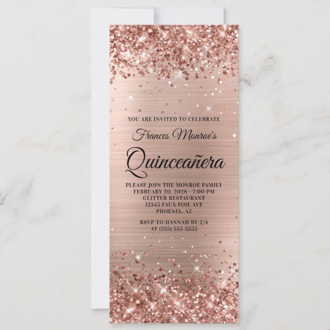 Convites Quinceañera Glittery em Folha de Ouro Rosa (Frente)