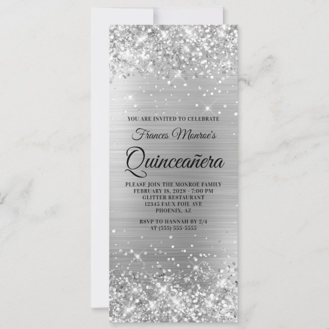 Convites Quinceañera Glittery em Folha de Prata (Frente)