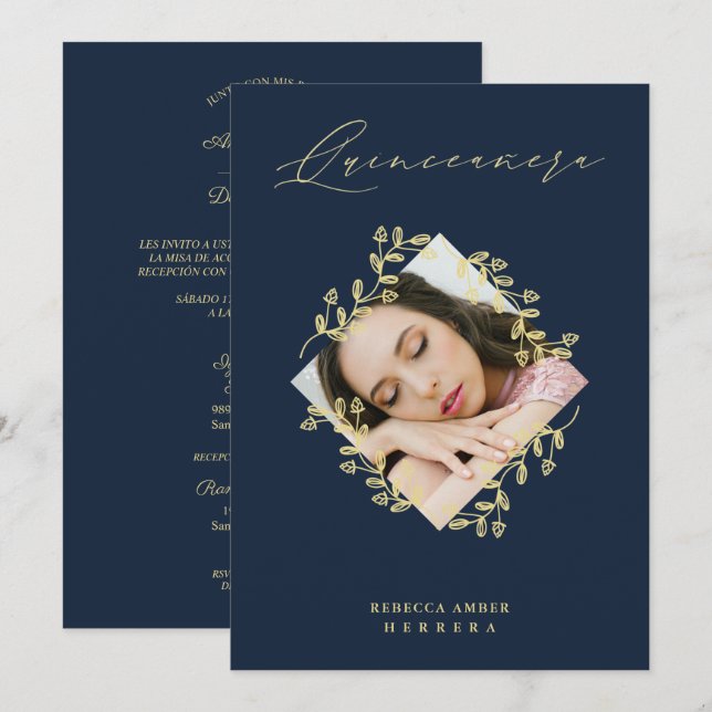 Convites Quinceañera Gold Diamond Wildflower Navy Photo (Frente/Verso)
