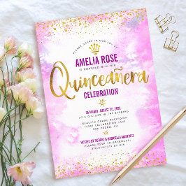 Convites Quinceañera Gold Foil Rosa Watercolor Chic Elegant