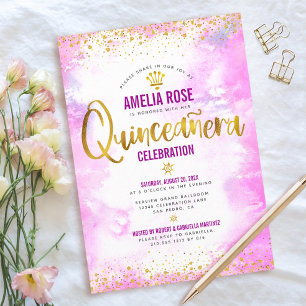 Convites Quinceañera Gold Foil Rosa Watercolor Chic Elegant