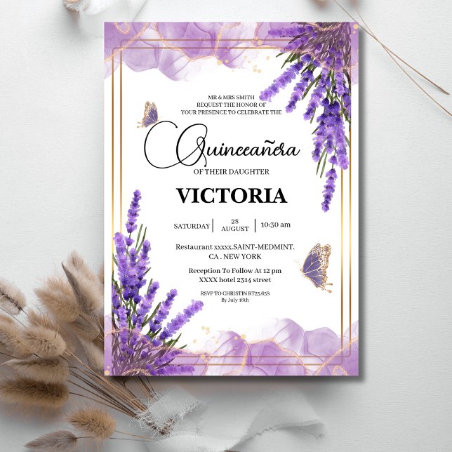 Convites Quinceañera gold Púrpura lavanda Borboleta Floral (Criador carregado)