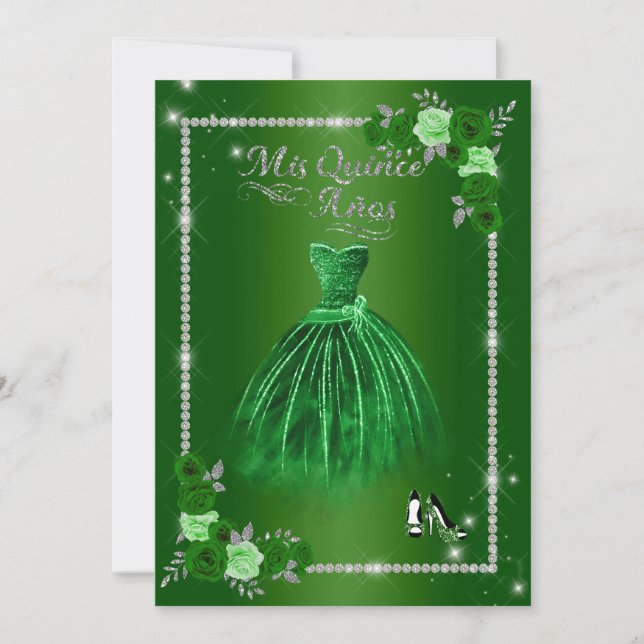 Convites Quinceanera Green e Silver Floral Elegante (Frente)