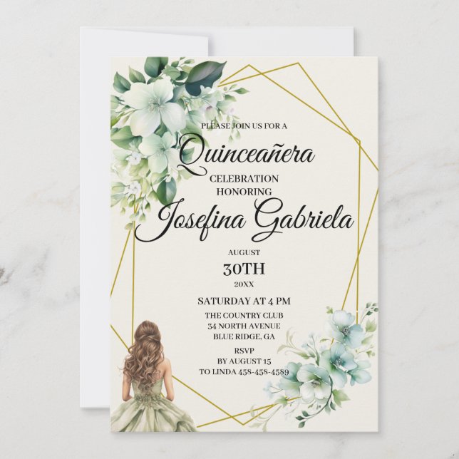 Convites Quinceañera green floral Invitation (Frente)