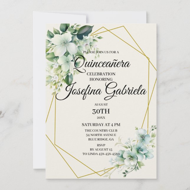Convites Quinceañera Green floral Invitation (Frente)