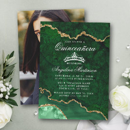Convites Quinceanera Green Marble Agate Geode Foto