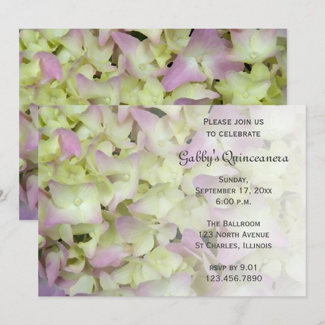 Convites Quinceanera - Hidrangea Flower Quase Rosa - Convid (Frente/Verso)