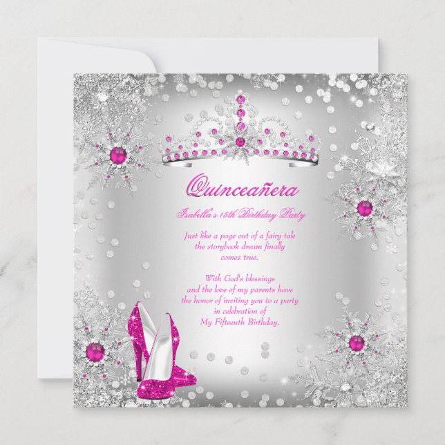 Convites Quinceanera Hot Pink Silver Winter Wonderland (Frente)