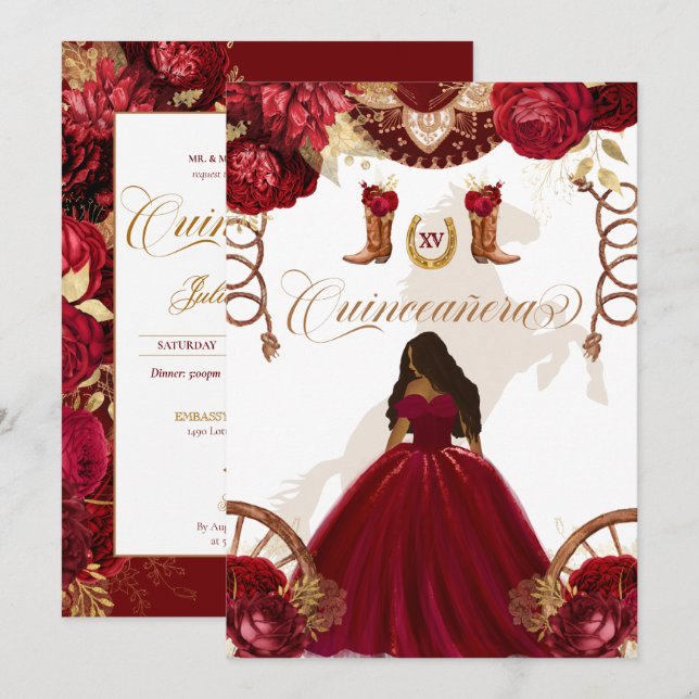Convites Quinceanera I Dourada Burgundy Western Charro 2 Si (Frente/Verso)
