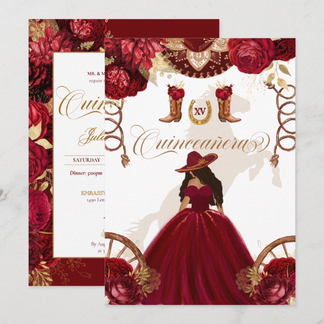 Convites Quinceanera I Dourada Burgundy Western Charro 2 Si (Frente/Verso)