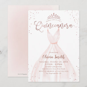 Convites Quinceañera i, vestido cor-de-rosa com rosa de ou