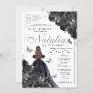 Convites Quinceanera Indígena Floral Elegante Preta e Prata