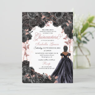 Convites Quinceanera Inv Floral Elegante Preta e Rosa Doura