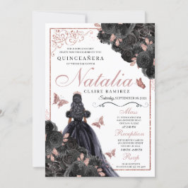 Convites Quinceanera Inv Floral Elegante Preta e Rosa Doura