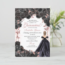 Convites Quinceanera Inv Floral Elegante Preta e Rosa Doura