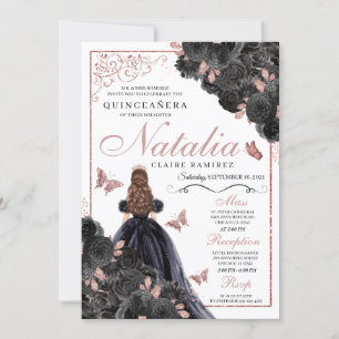 Convites Quinceanera Inv Floral Elegante Preta e Rosa Doura