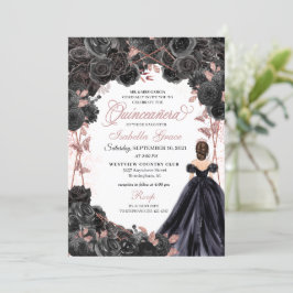 Convites Quinceanera Inv Floral Elegante Preta e Rosa Doura