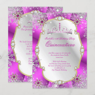Convites Quinceanera Inverno Mágico Rosa Quente Dourado Pra