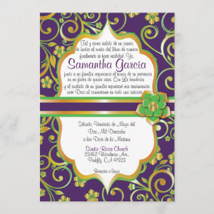 Convites Quinceañera Invi, Espanhola Verde e Dourada Roxa 